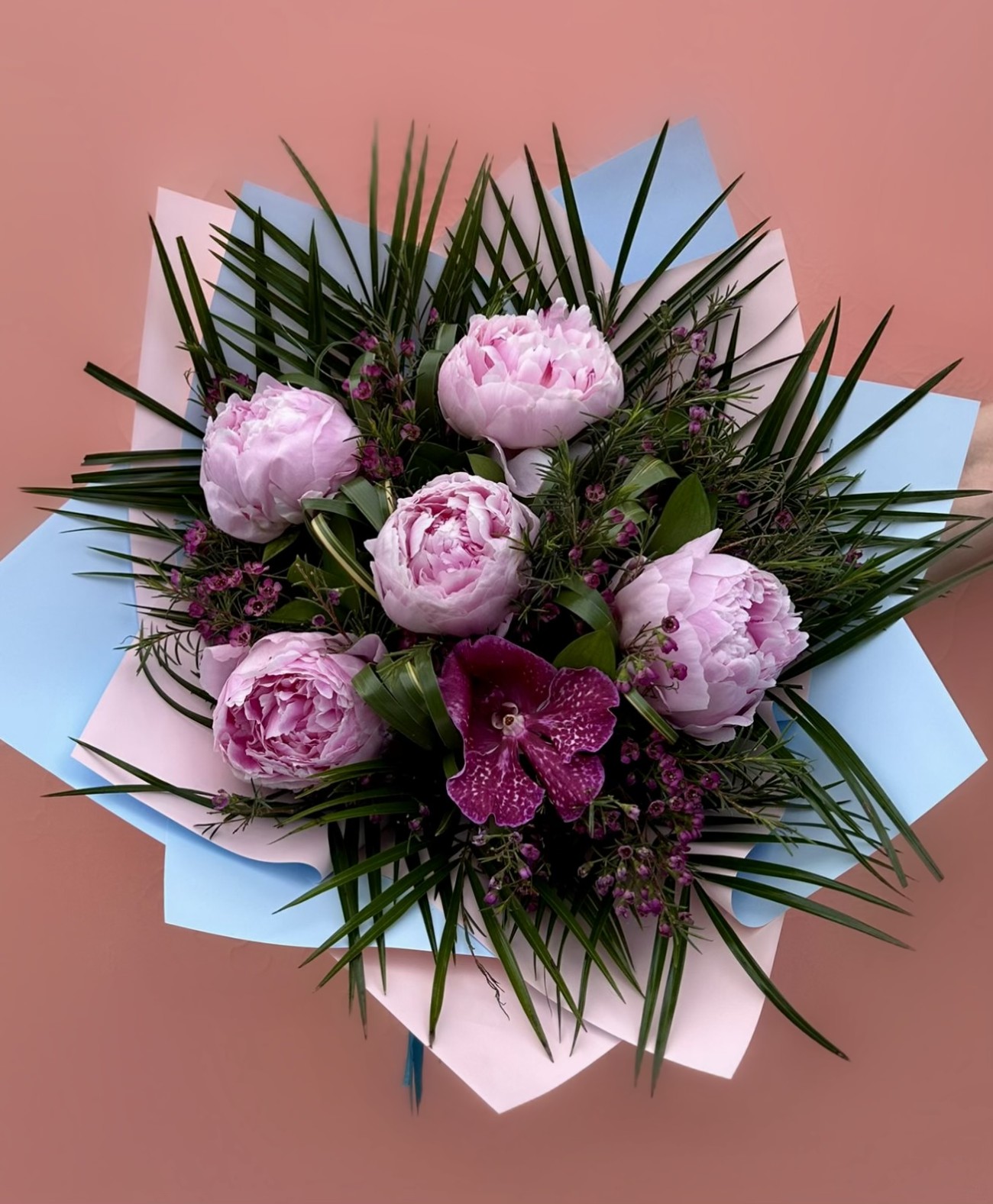 5’li Pembe Şakayık & Vanda Orkide Buketi